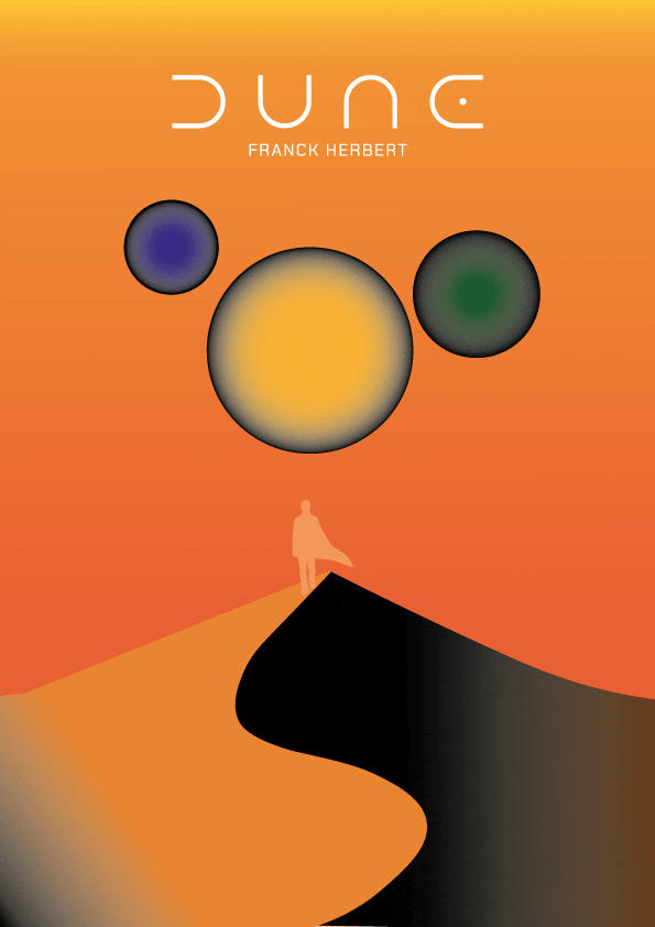 illustration du livre Dune écrit par Franck Herbert. il y le Paul au centre de dos, puis 3 planetes en bleu, jaune et vert.