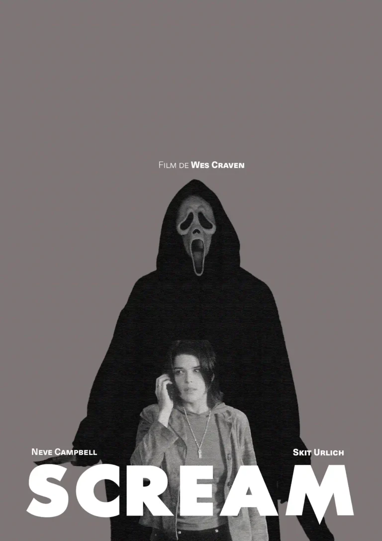 poster du film "Scream" réaliser par Wes Craven, il y a ghostface avec syndey au centre